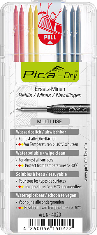 Minen MULTI USE für PICA Dry Tieflochmarker, 8 Stück, wasserlöslich, Farbmix, Länge: 125 mm