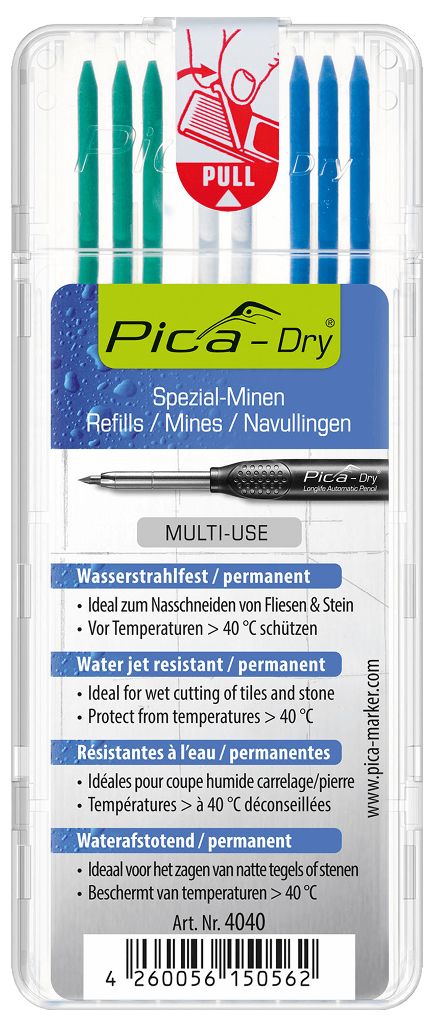 Minen PERMANENT für PICA Dry Tieflochmarker, 8 Stück, wasserstrahlfest, Farbmix, Länge: 125 mm