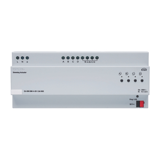 KNX-Hutschinenmodul, Dimmaktor, 4-fach, 1,5A Dimmleistung pro Kanal, KNX-Bus