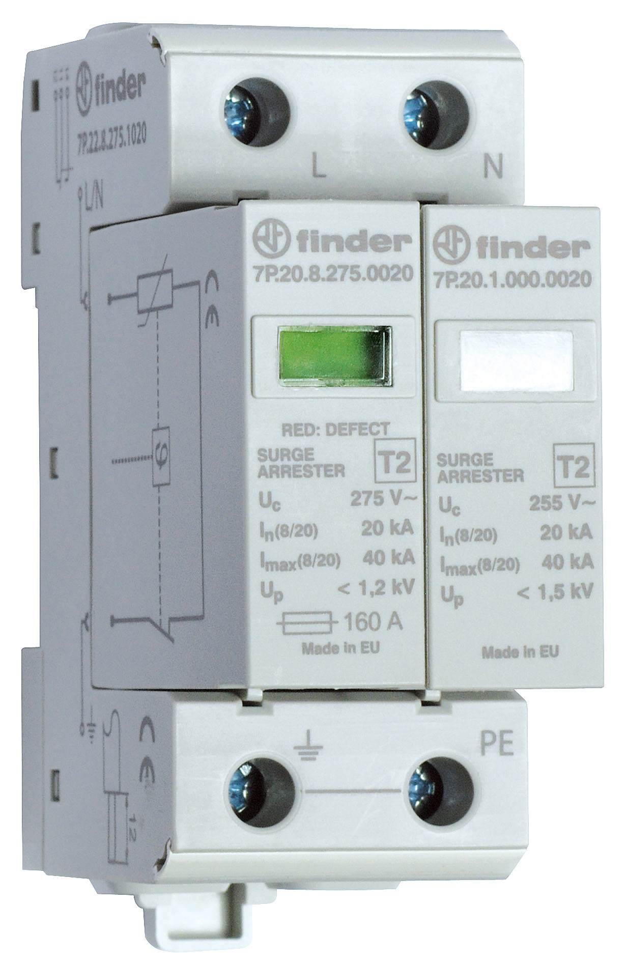 Überspannungsableiter Typ 2, Varistor + Funkenstrecke, für 1-phasigen TN-S und TT-Systemen