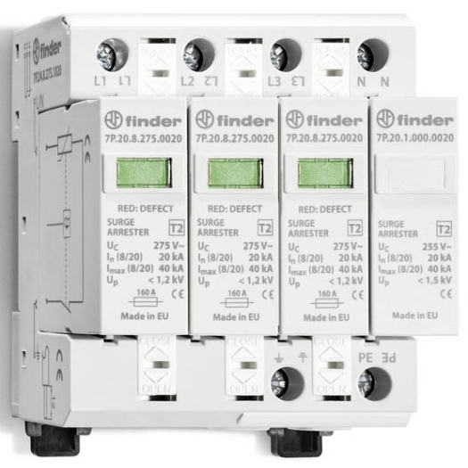Überspannungsableiter, 3 Varistoren + Funkenstrecke, für 5-Leitersysteme, N + PE getrennt