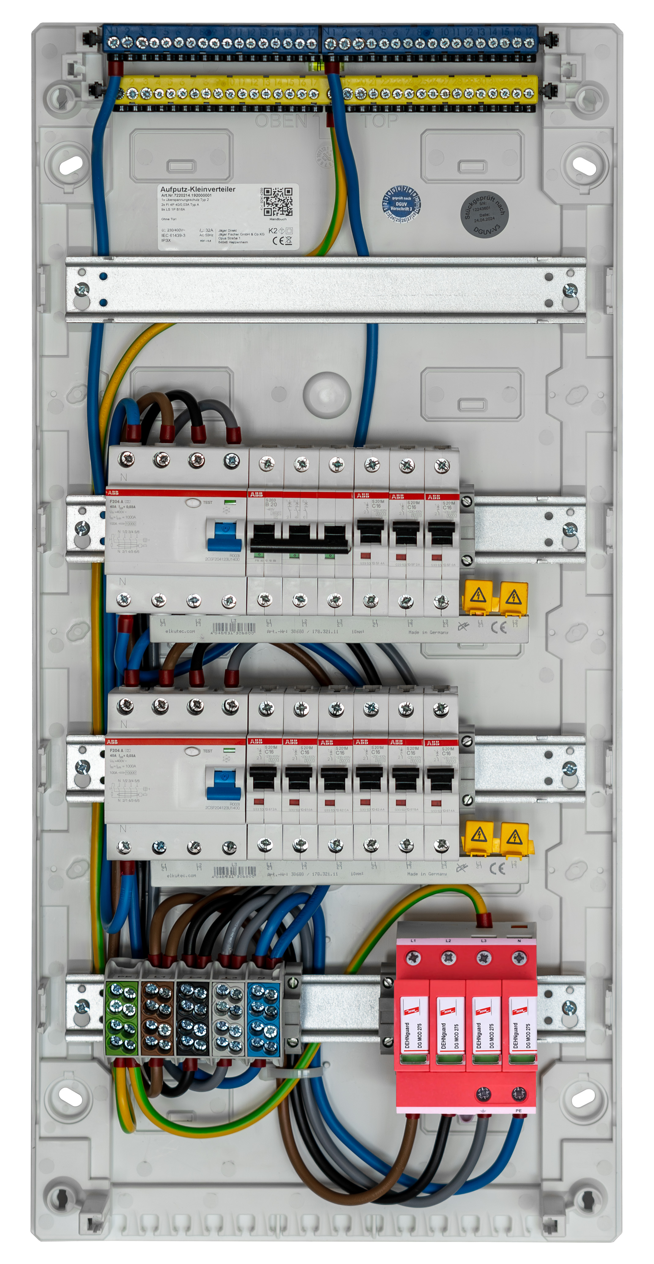 AP Kleinverteiler, 4-reihig, bestückt mit 2 FI-Schutzschaltern, 10 Leitungsschutzschaltern und Überspannungsableiter Typ 2