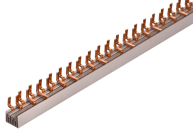 4-Phasen Stiftschiene, L-Ausführung, offen, 9/18 mm Kontaktabstand, 56 Teilungseinheiten, 1.000 mm lang 