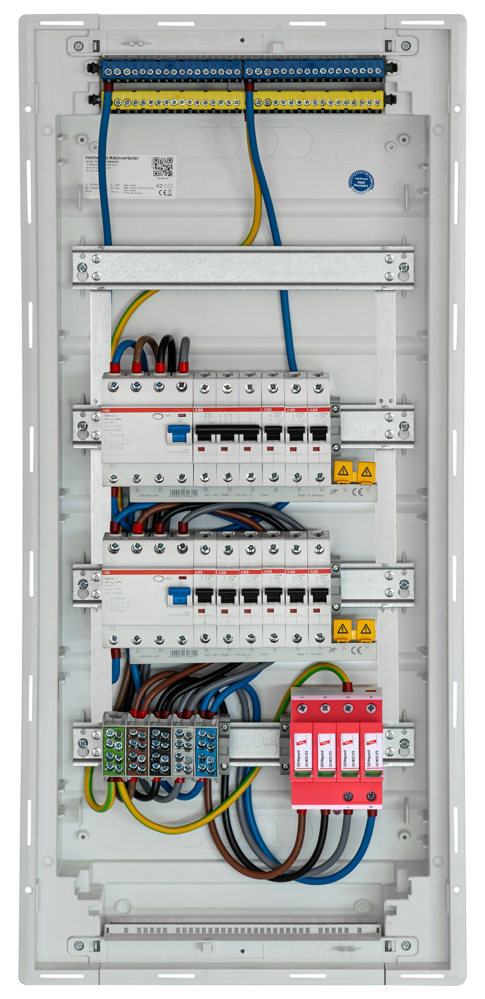 HW Kleinverteiler, 4-reihig, bestückt mit 2 FI-Schutzschaltern, 10 Leitungsschutzschaltern und Überspannungsableiter Typ 2