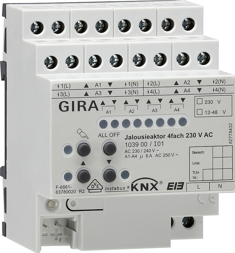 Jalousieaktor 4-fach mit Handbetätigung KNX REG plus