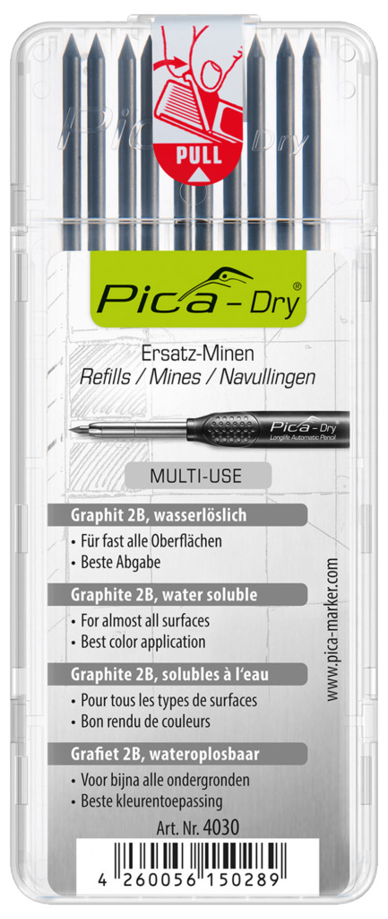 Minen MULTI USE für PICA Dry Tieflochmarker, 10 Stück, wasserlöslich, Grafit 2B, Länge: 125 mm