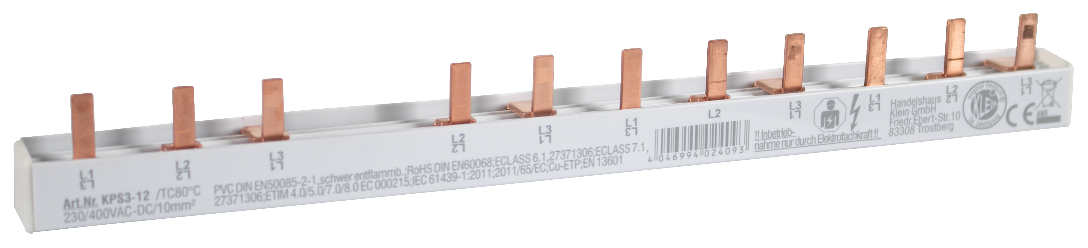 3-Phasen Stiftschiene FI/LS Kombination, L-Ausführung, geschlossen, 11 Pole, 216 mm lang, Modulbreite: 17,80 mm