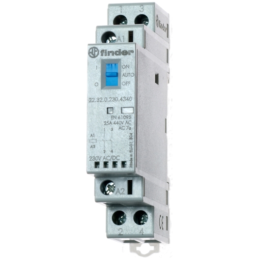 Schütz für Reiheneinbau, 2 Schließer 25 A, Spule 230 V AC/DC, Auto-Off-On-Schalter, LED-Anzeige