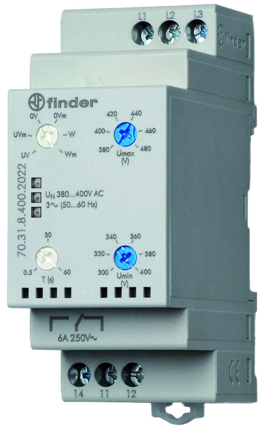 Netzüberwachung, 3-Phasen 380 - 415 V AC, 1 Wechsler 6 A, Phasenausfall, Phasenfolge, Über-und Unter