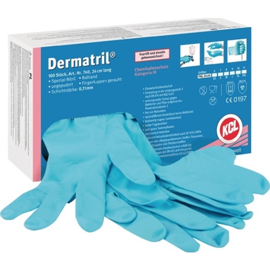 Einweghandschuhe Dermatril 740 Gr.9 blau Nitril EN 374,EN455 Kat.III 100 St./Box