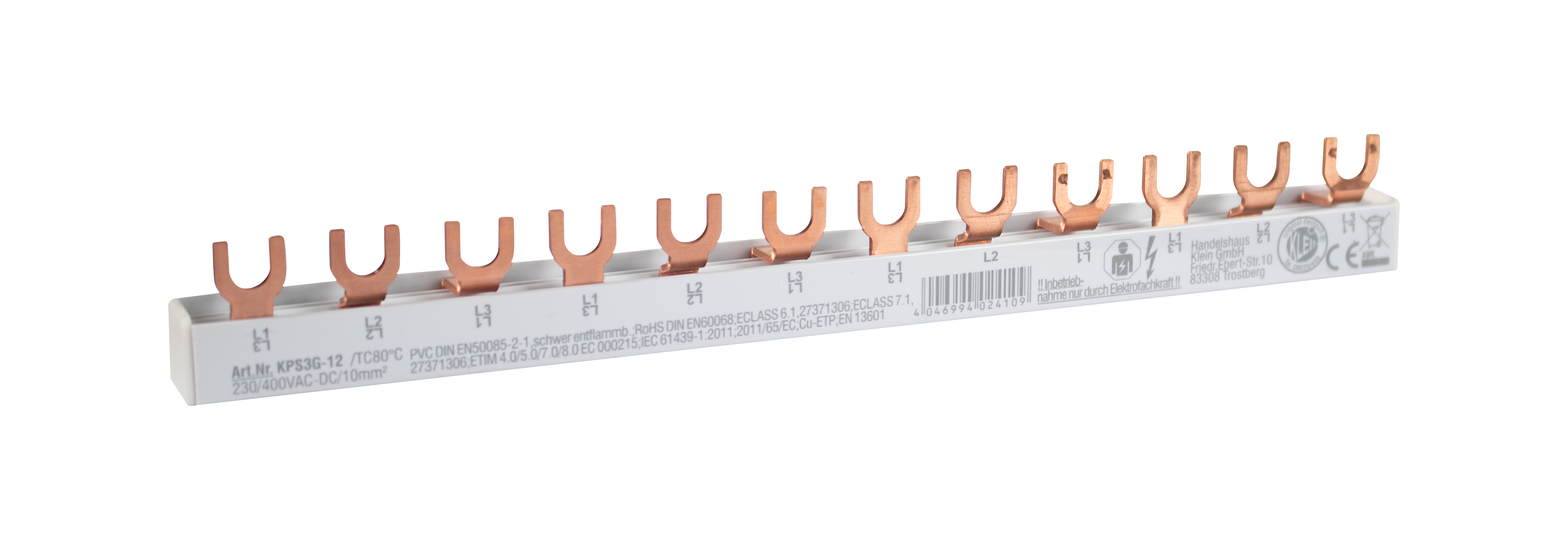 3-Phasen Gabelschiene, L-Ausführung, geschlossen 4 x 3 Pole, 216 mm lang, Modulbreite: 17,80 mm