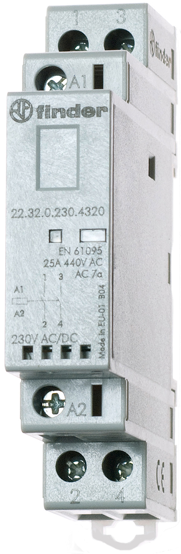 Schütz für Reiheneinbau, 1 Öffner und 1 Schließer 25 A, Spule 230 V AC/DC, LED--Anzeige