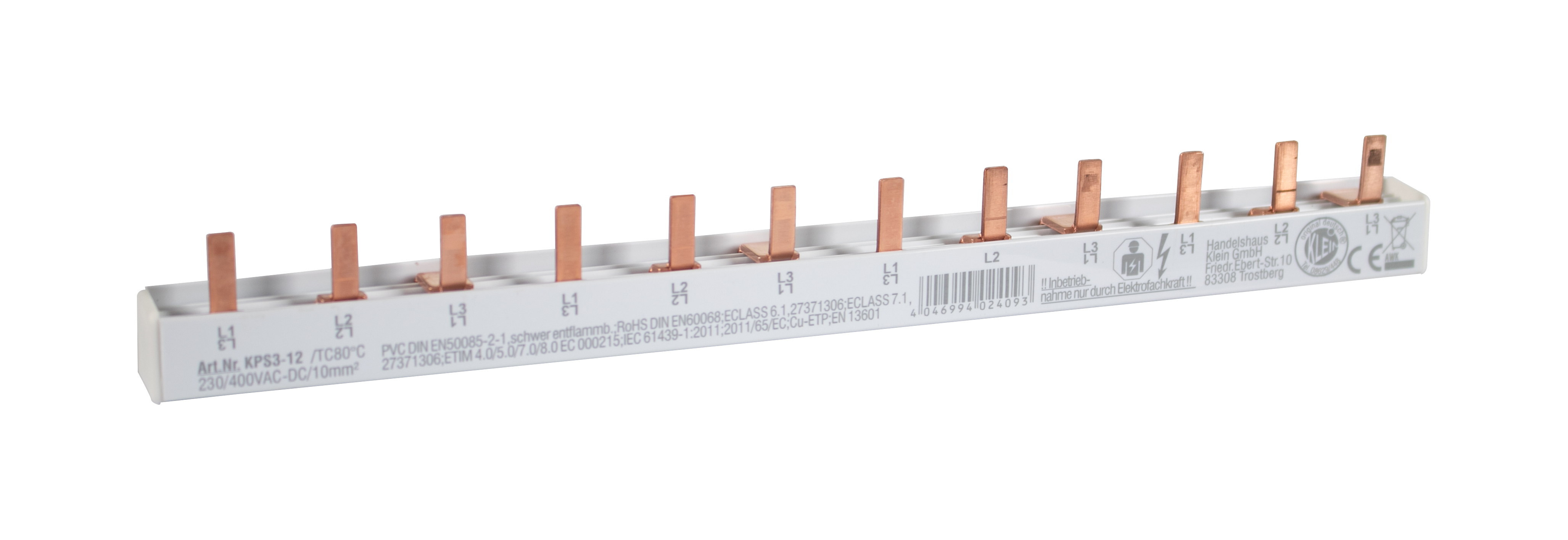 4-Phasen Stiftschiene, L-Ausführung, geschlossen, 3 x 4 Pole, 216 mm lang, Modulbreite: 17,80 mm