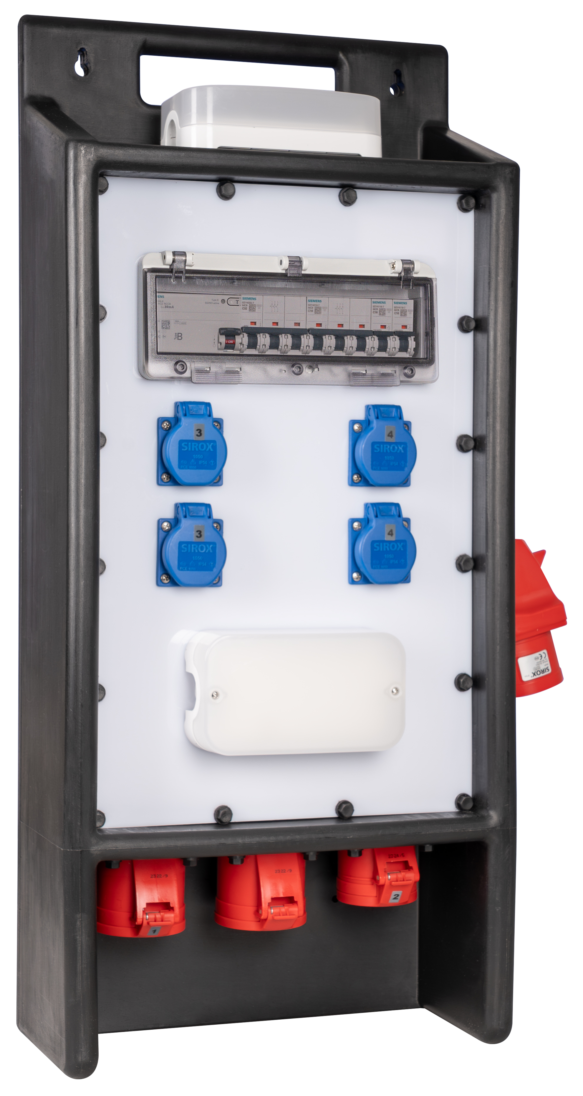 Endverteiler Wando-DE, LED-Beleuchtung, Eingang CEE-St. 32 A, CEE 32 A, 2x CEE 16 A, 4x Schutzkontakt-DoseSiRoX