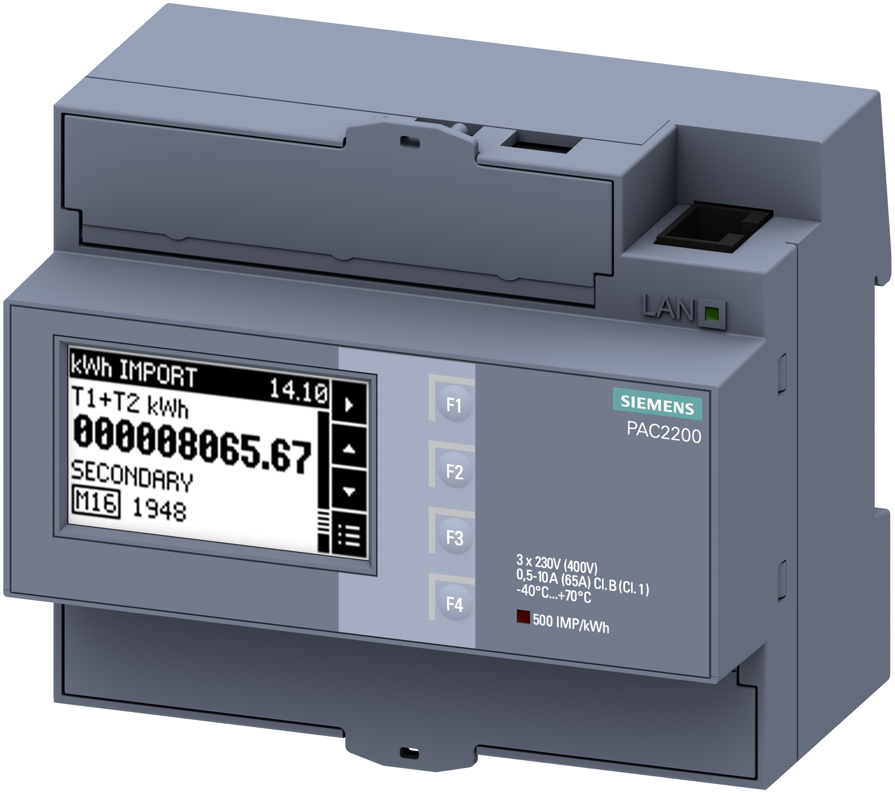 SENTRON, Messgerät, 7KM PAC2200, LCD, L-L: 400 V, L-N: 230 V, 65 A, Hutschienengerät, 3-phasig, Modbus TCP + MID, Schein- / Wirk- / Blindenergie