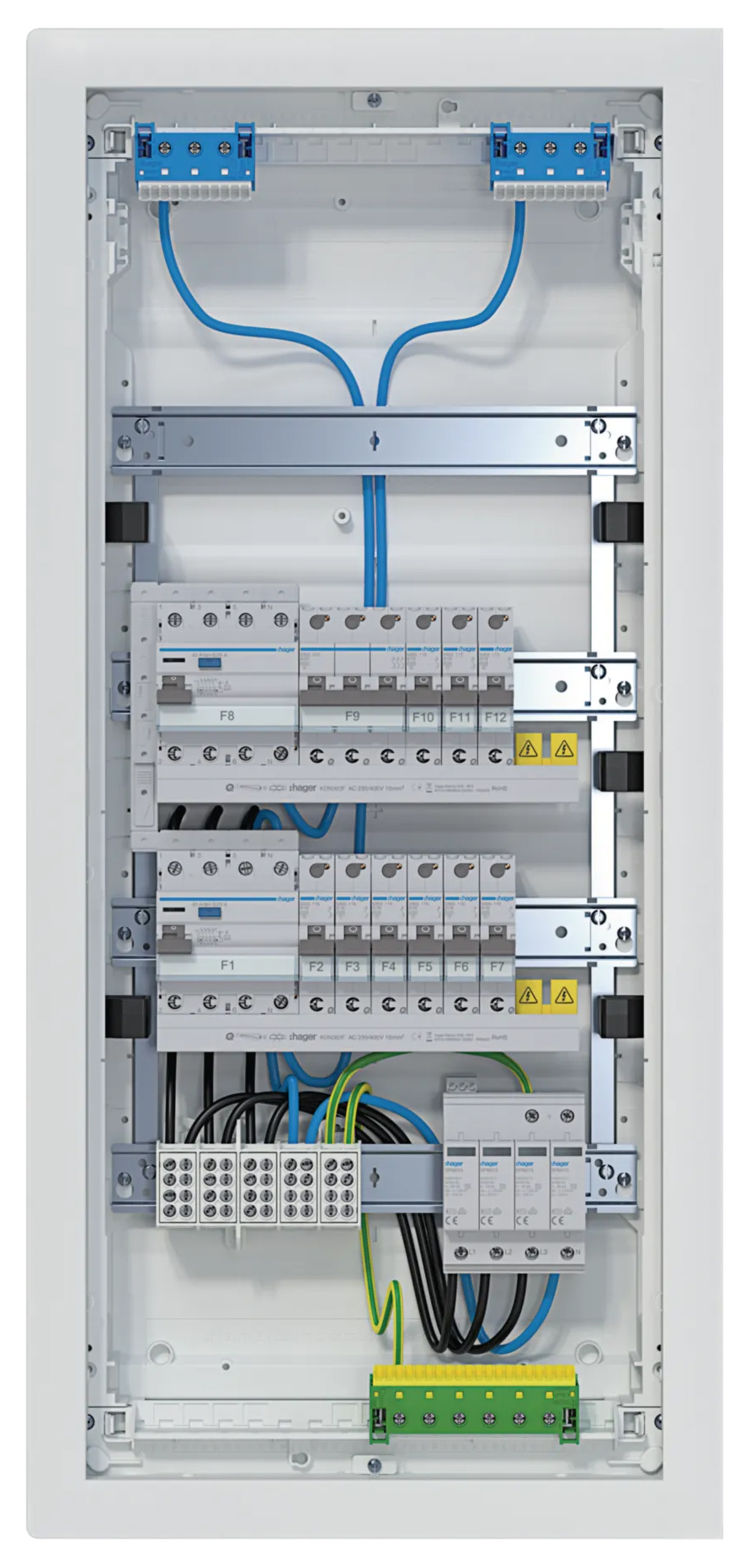 Kleinv.,volta,APV,4x12PLE,IP30,bestückt u. verdrahtet,2 FI-Kreise,Übersp.ableit